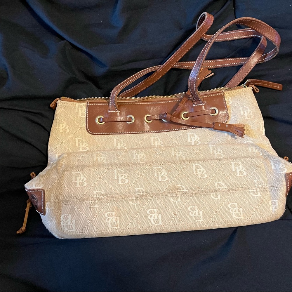 Dooney & Burke Designer-Style Beige Tote Bag with Brown Trim